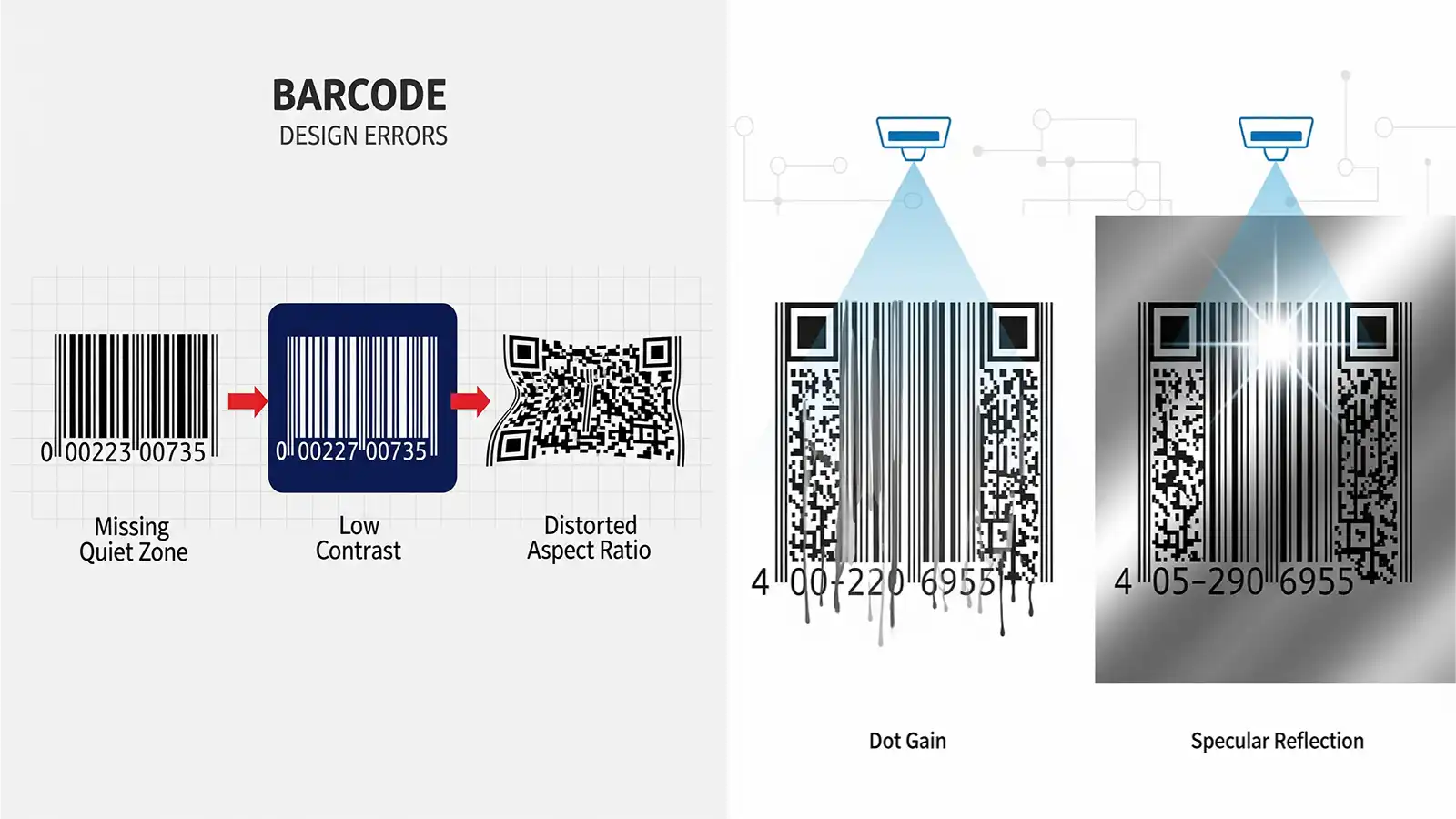 Изображение штрих-кода с выделенной тихой зоной, высоким контрастом и оценкой качества (A–F).