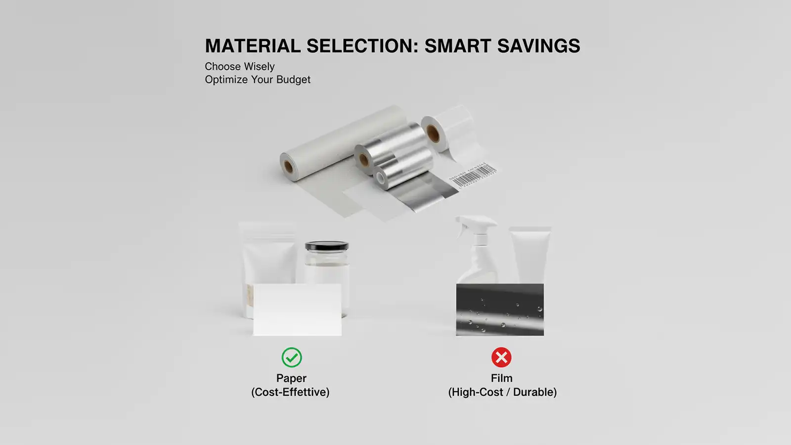 Инфографика оптимизации затрат с рулонными этикетками, PET-лайнером и иконками цифровой/флексо печати.