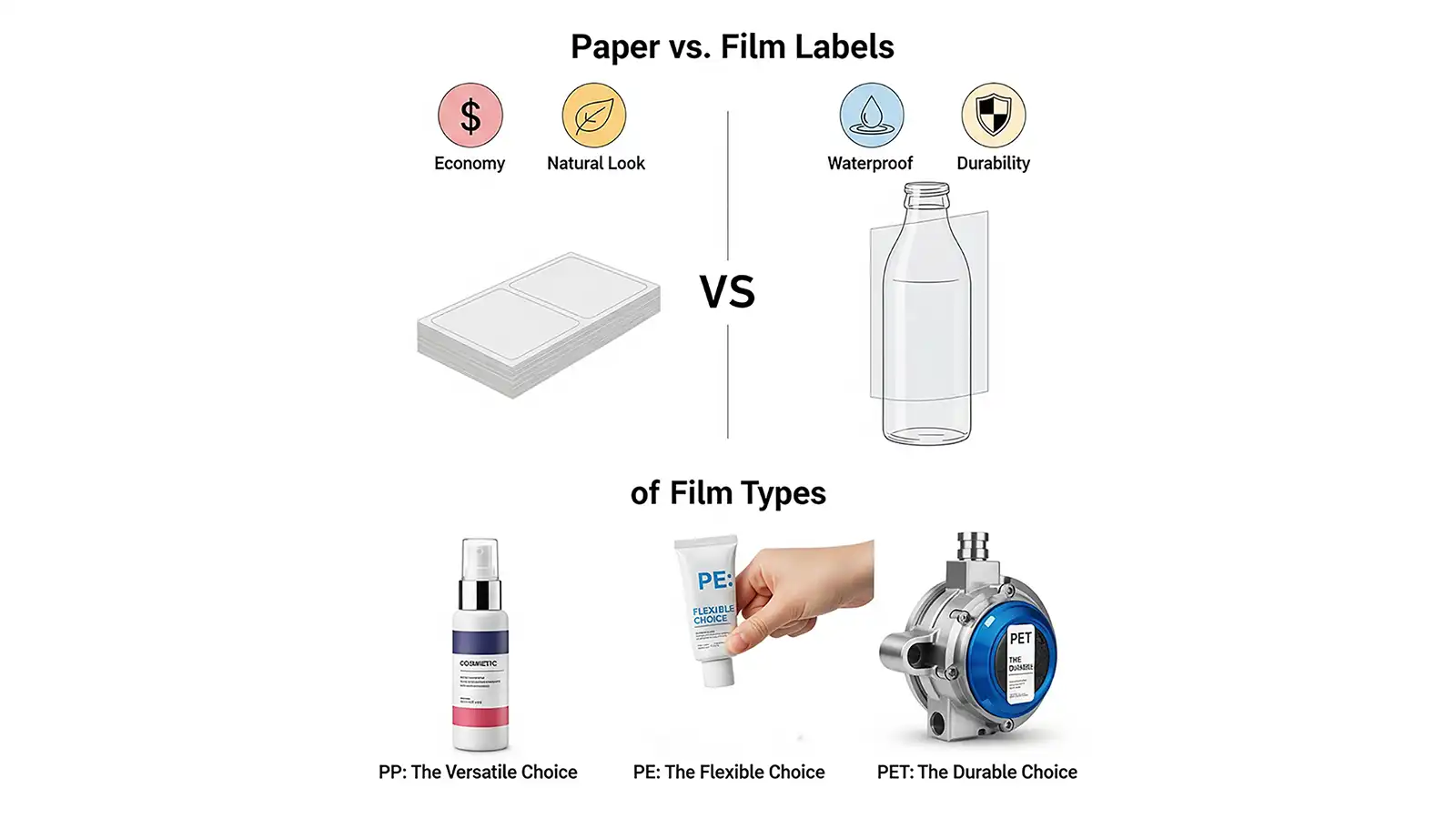 Инфографика, показывающая различия между материалами бумажных и плёночных этикеток (PP, PE, PET).