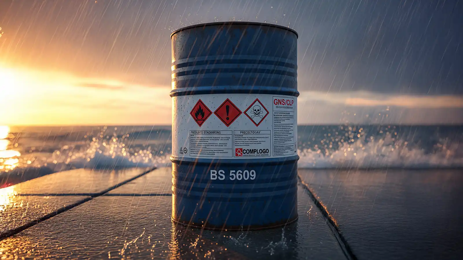 Этикетка опасных веществ с пиктограммами GHS/CLP и указанием устойчивости BS 5609 к морской перевозке.