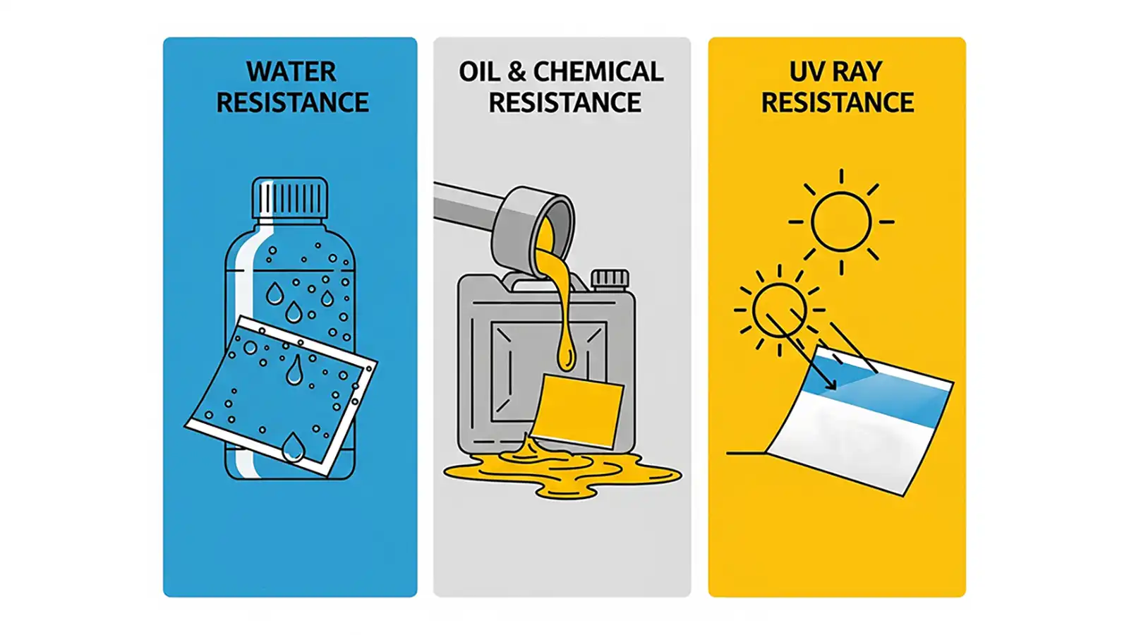 Иллюстрация комбинации плёнки, клея и ламинации для промышленных этикеток, устойчивых к воде, маслу, химии и УФ-излучению.